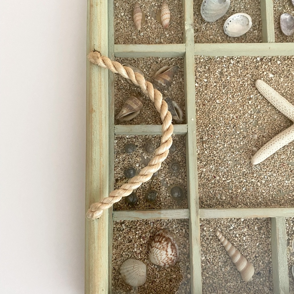 Shadowbox Tray Seashell Collection Mint Green Washed Wood Rope Handles - Picture 4 of 8